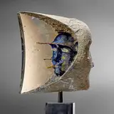 Bertil Vallien, Janus I, 1998, sand-cast glass, steel