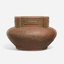 Zane Pottery, Rare and Monumental Moss Aztec jardiniere with Prairie School-style decoration