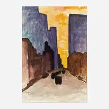 City Sunset by Gershon Benjamin, 1945, gouache on paper, sold Oct 2022