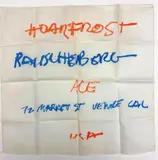 Robert Rauschenberg, Hoarfrost Handkerchief, 1974, Robert Rauschenberg 's 1974 exhibition announcement duotone silkscreen printed on a handkerchief on fabric