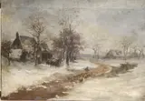Winter Scene with a Shepherd and Sheep, (for restoration) by Continental School, Oil on canvas, sold Aug 2023