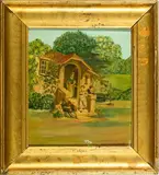 F. Bate, Teaching Charity, Mixed media on glass: Lithographed center scene and hand-painted surroundings