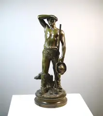 Maurice Constant Favre, Le Moissonneur (The Harvester), Early 20th century bronze with green and brown patina, signed on the base and bearing a cartouche on the front