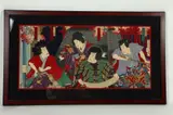 Toyohara Kunichika, Triptych: KABUKI ACTORS, Japanese "Yakusha-e" (or "actor prints") woodblock prints of Kabuki actors