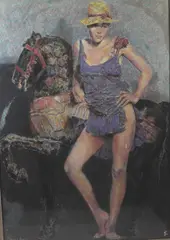 David L. Frame, Standing Young Woman Carousel Horses, Pastel on paper