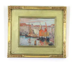 George Loftus Noyes, Boats in Harbor, Oil on panel; signed lower right