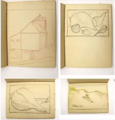 Wade White, NOTEBOOK OF PREPARATORY STUDIES, 1937, 27-leaves notebook with artist graphite sketches or preparatory studies, The meticulous and deliberate evolution of his major works in oil is amply documented in numerous drawings and watercolors