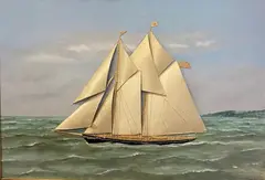 Thomas Willis, The American Schooner "Magic," circa 1907, Oil on canvas with applied silk, velvet, and needlework