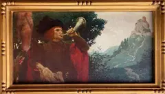 Howard Pyle, Trumpeter Near Castle, Oil on panel, signed lower left