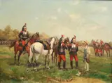 Paul Émile Léon Perboyre, French Army Cuirassiers Receiving Refreshment from Local, Oil on canvas