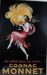 Leonetto Cappiello, COGNAC MONNET: Du Soleil Dans Un Verre, circa 1927, He was the first poster artist to use bold figures popping out of black backgrounds, a startling contrast to the posters early norm