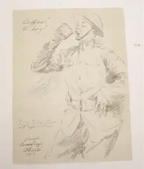 Joseph Cummings Chase, World War I Dough Boy, Silverthorne/wkith appreciation." Pencil drawing on paper, titled "Coffee! O Boy!" Noted on reverse in pencil, in different hand, "Please be very careful and do not lose this - it is the original sketch