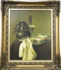 Korean School, Still Life with a Pewter Flagon and Two Ming Bowls, 1975, Oil painting