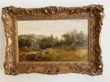 Fall Landscape with Sheep and Stream by English School, Oil on canvas, sold Sep 2023