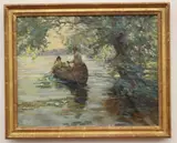 Stafford Ives Veale, A landscape with couple in canoe, 1920, Oil on canvas signed and dated 1920