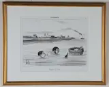 Honoré Daumier, Voyage a St Cloud (Trip to St Cloud), Lithograph from the series "Les baigneurs;" Plate 6 in series: two men swimming in the Seine; beside them, a wooden bucket containing their clothes; originally published in 'Le Charivari', 6 September 1839