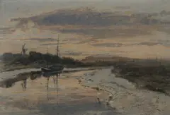 Henry Moore, Boat Along Estuary with Distant Windmill, Watercolor