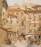 Italian School, Piazza Vecchia, Watercolor, gouache, and ink on paper