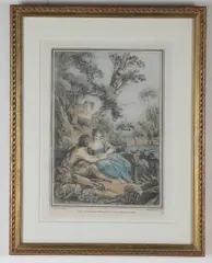 François Boucher, Two Lovers Seated at the Foot of a Large Tree, Crayon-manner engraving with colors by printmaker, publisher and printer Gilles Demarteau (French, 1722-1776)