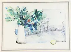 Vladimir Kara, Pont des Arts with fall Flowers, Gouache and watercolor on paper