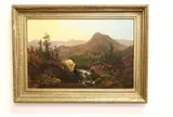 Rushing Stream bordered by Rocks and Trees by American School, Oil on canvas landscape painting, sold Nov 2023