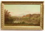 Autumnal Rural Scene with Boaters on River by American School, Oil on canvas autumnal rural scene with boaters on river, two people on banks of river in near foreground, hillocks on o, sold Nov 2023