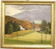 Paul Quinn, The Passing Shower, 1936, Oil on canvas including a rural scene with fields, barn, house, trees and hill in foreground, mountains beyond, under a partially dark sky