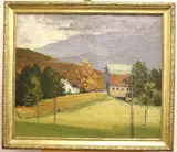 Paul Quinn, The Passing Shower, 1936, Oil on canvas including a rural scene with fields, barn, house, trees and hill in foreground, mountains beyond, under a partially dark sky