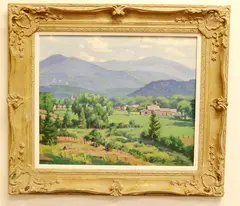 Garnet Jex, Early Summer Landscape of Blue Ridge Mountains, 1928, Oil on canvas with fields and vegetation in foreground to village beyond; low hills rising to high mountains in distance