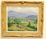 Garnet Jex, Early Summer Landscape of Blue Ridge Mountains, 1928, Oil on canvas with fields and vegetation in foreground to village beyond; low hills rising to high mountains in distance