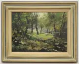 E.B. de Angelis, A wooded landscape with figure in red, Oil on canvas; signed lower right