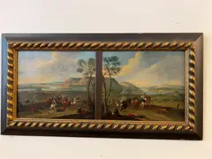 Flemish School, Campaign of Flanders, circa 1740, There is a bronze plaque that reads: "GERRIT de GRENDEL (1719-1741) COMBAT IN FLANDERS CA. 1740." Each board is 8 x 9.25 inches