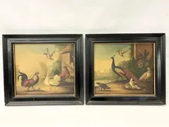 Peter Frans Casteels, PEACOCK WITH BIRDS IN LANDSCAPE WITH MANOR and ROOSTERS WITH WHITE CHICKEN AND RED ROOSTER, Oil on canvas
