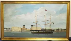 English School, Cruiser Sailing by Greenwich's Old Royal Naval College, Oil on canvas