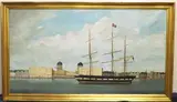 Cruiser Sailing by Greenwich's Old Royal Naval College by English School, Oil on canvas, sold Nov 2023