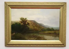 A lake landscape by Alfred Augustus Glendening, Jr., 1884, Oil on canvas, sold Nov 2023