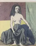 American School, Naked Woman with Grey Dog, Linocut or silkscreen on paper