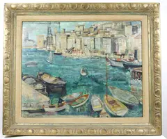 Viktor Tischler, Mediterranean Port View, Oil on board