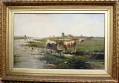 Cornelis Westerbeek, Untitled, Summer Landscape with Cows by the Water, oil on canvas laid on board