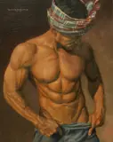 Rickie du Burke, Untitled, Man in a Plaid Turban, (LGBTQ+ Interest) Acrylic on canvas mounted on board