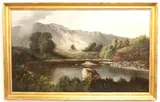 Roberto Angelo Kittermaster Marshall, Lake View, 1889, Oil on canvas of landscape: mountain scene with trees on left in foreground, a small lake beyond with boaters, trees beyond, a high bluff and mountains