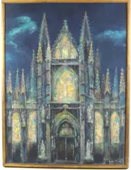 Ralph Fabri, Cathedral View at Night, Oil on board