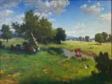 John Brandon Sills, Pastural Scene with Cows at Watering Hole, 1994, Oil on canvas