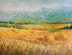 Anne Thornton, Hay Bales and Mountainous Landscape, Oil on canvas