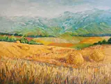 Anne Thornton, Hay Bales and Mountainous Landscape, Oil on canvas