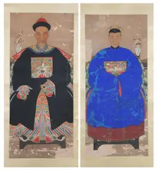 Anonymous, Ancestor Portraits, Two ink and color on paper scroll panels