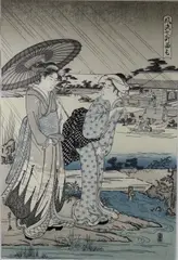Hosoda Eishi, Praying for Rain (Amagoi), circa 1788, Woodcut with colors likely included in the book titled: "Fashionable Versions