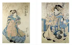 Kuniyasu, Two works: "A Kado-Ebiya Courtesan" and "House Marugame Courtesan Kohina", 19th century woodblock prints likely included in the book titled: "A Comparison of Beauties of the Green Houses: A Mirror of Their Forms (Seiro bijin awase sugata kagami). " Individually framed, Two works: "A Kado-Ebiya Courtesan" and "House Marugame Courtesan Kohina", 19th century woodblock prints likely included in the book titled: "A Comparison of Beauties