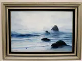 Raymond Page, Waves Breaking on Rocky Shore, Oil on board