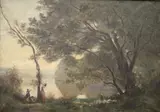 Kids Playing by the Pond by American School, Oil on canvas, sold Mar 2024